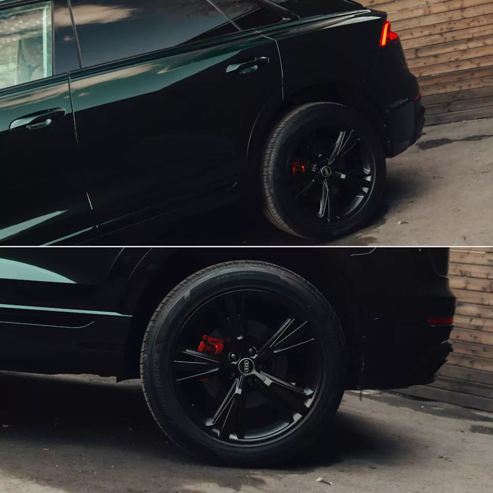 Месяц работы над новым Audi Q8, который 2 года простоял в Дубае! Оклейка в цветной полиуретан с проемами, окрас дисков и фирменный шиномонтаж, окрас суппортов в candy с лого, антихром, детейлинг
